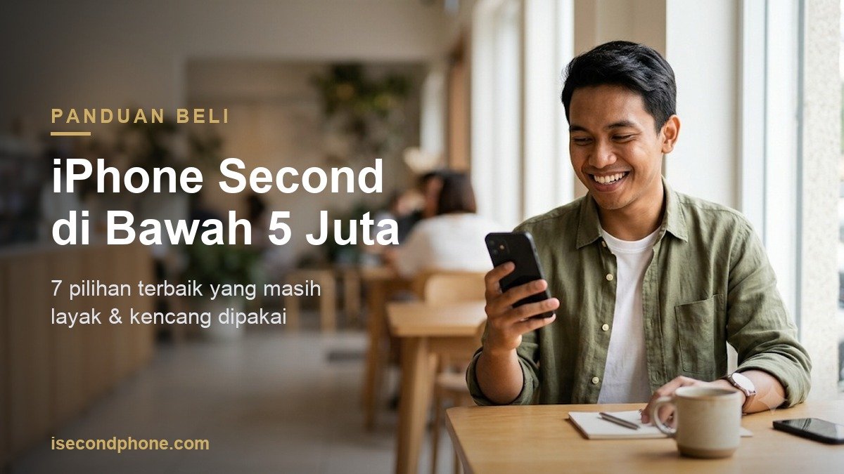 Pria muda memilih iPhone second di bawah 5 juta sambil duduk di kafe
