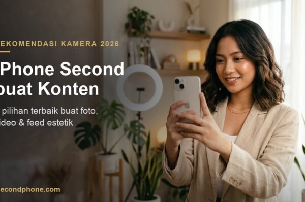 Content creator perempuan membuat konten pakai iPhone second, memegang iPhone dengan kamera menghadap depan