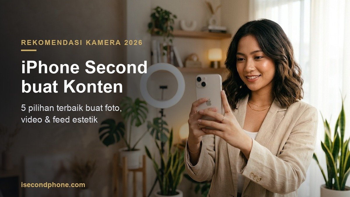 Content creator perempuan membuat konten pakai iPhone second, memegang iPhone dengan kamera menghadap depan