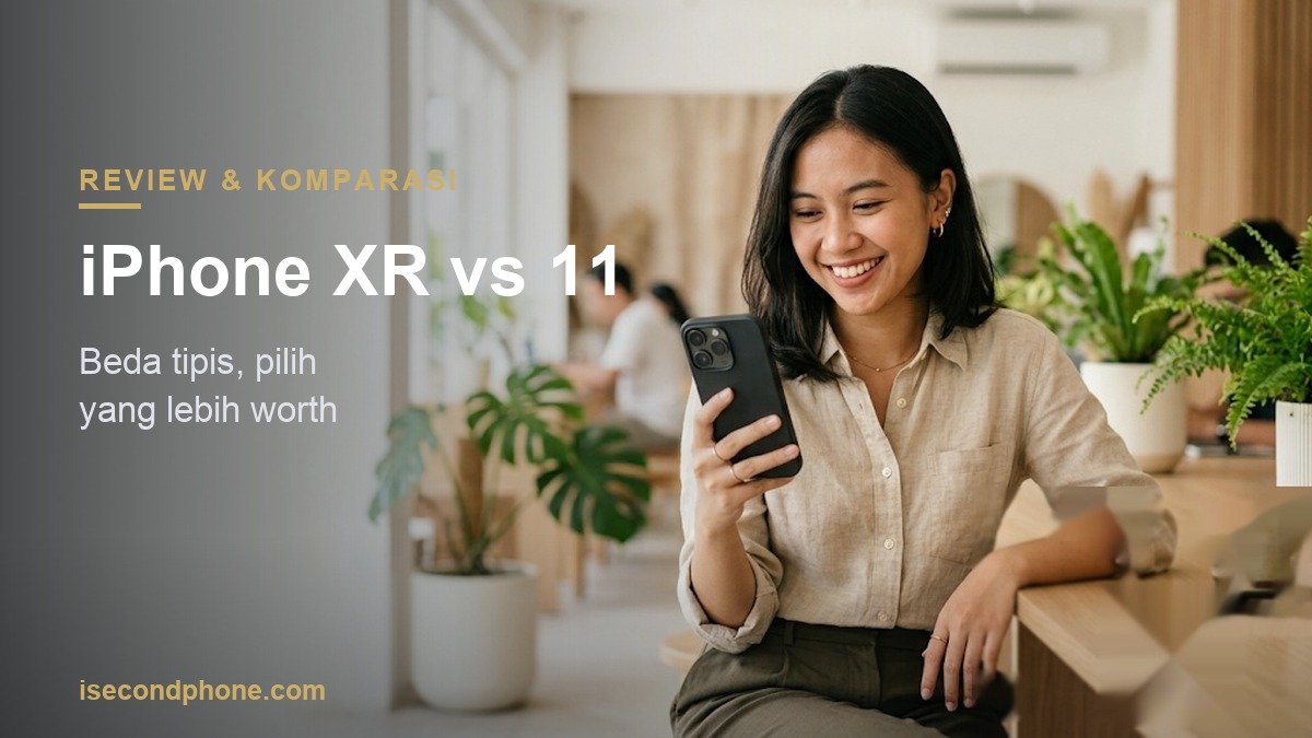 Perempuan membandingkan iPhone XR vs 11 second, memegang iPhone menghadap layar