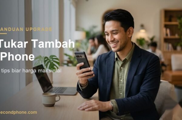 Pria muda tersenyum melihat iPhone, ilustrasi tukar tambah iPhone upgrade