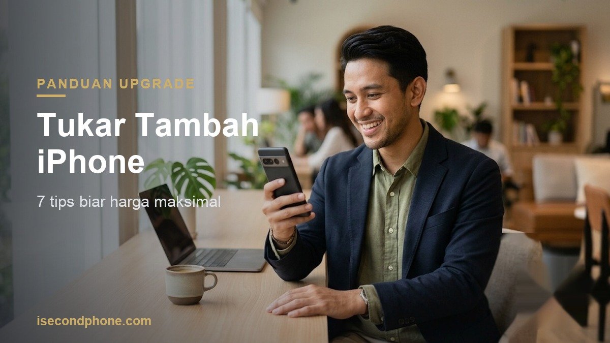 Pria muda tersenyum melihat iPhone, ilustrasi tukar tambah iPhone upgrade