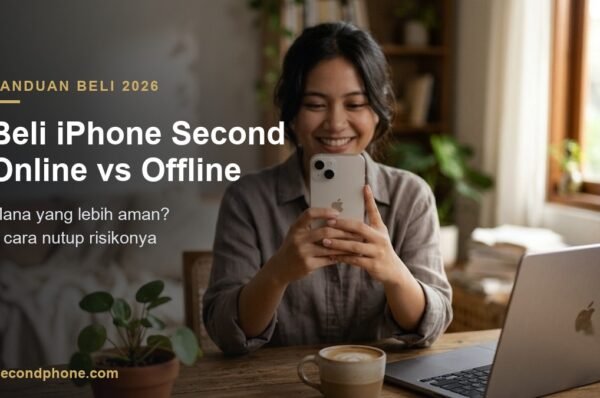 Perempuan memegang iPhone di depan laptop, membandingkan beli iPhone second online vs offline
