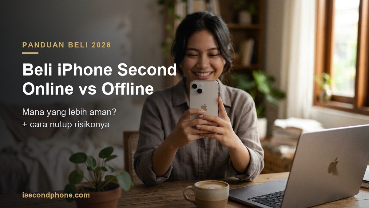 Perempuan memegang iPhone di depan laptop, membandingkan beli iPhone second online vs offline
