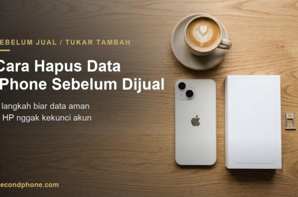 Flat-lay iPhone, dus, dan SIM tray tertata rapi sebelum dijual, siap dihapus datanya