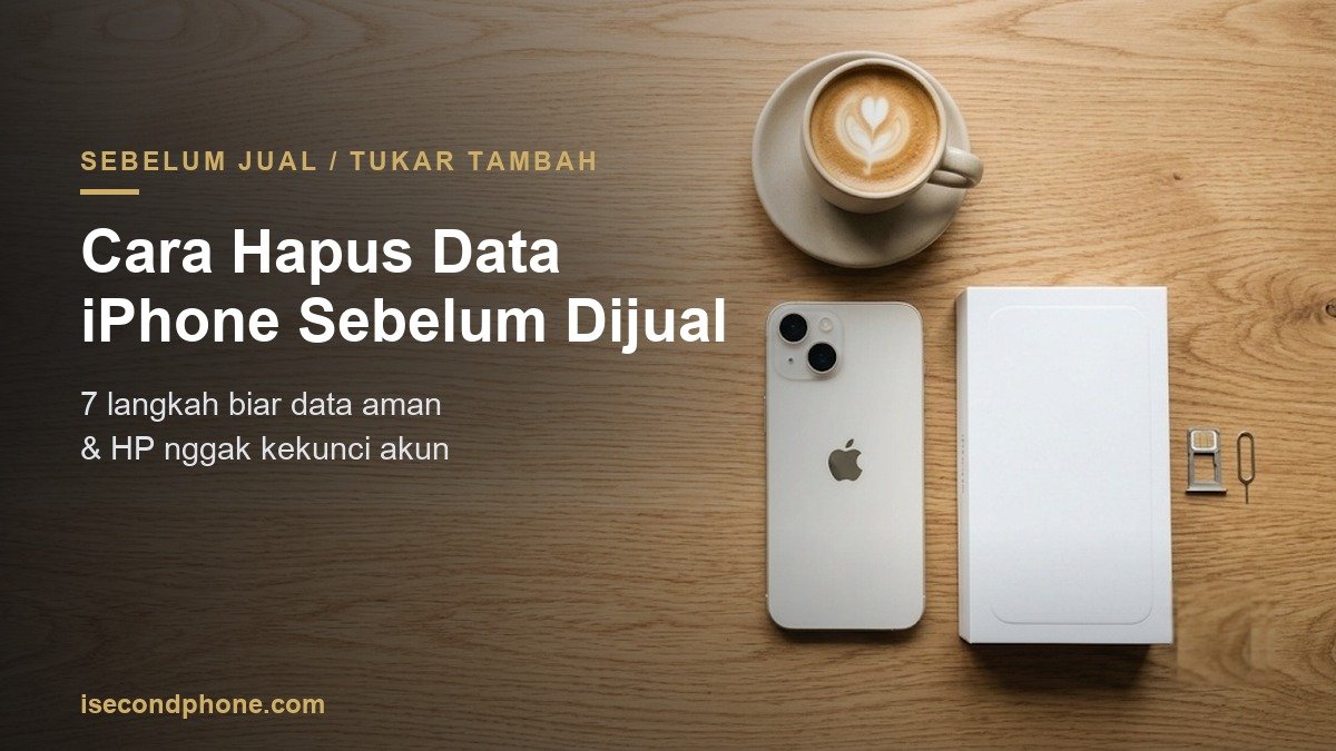 Flat-lay iPhone, dus, dan SIM tray tertata rapi sebelum dijual, siap dihapus datanya