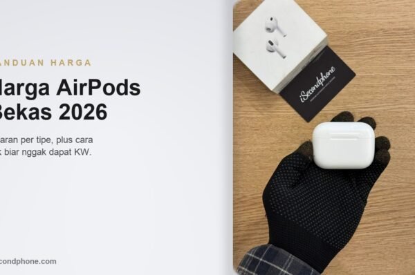 AirPods bekas dalam case putih dipegang tangan di atas meja kayu untuk panduan harga pasaran 2026