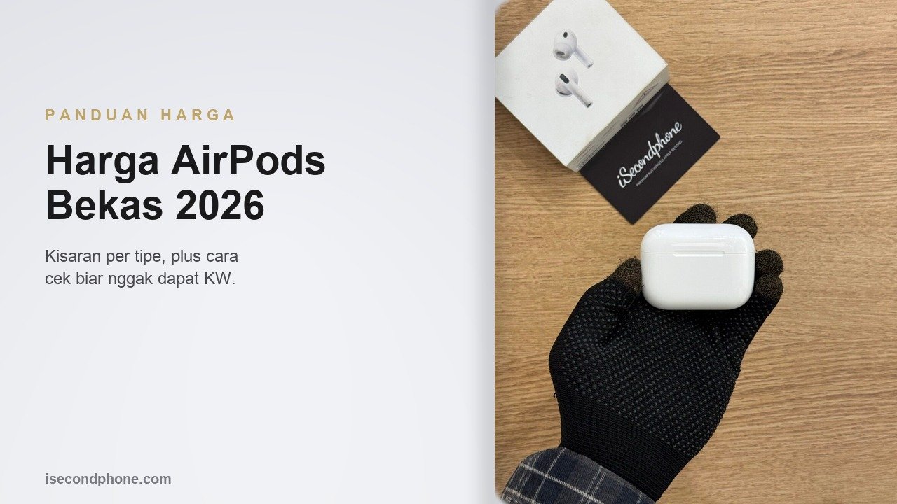 AirPods bekas dalam case putih dipegang tangan di atas meja kayu untuk panduan harga pasaran 2026