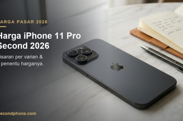 iPhone 11 Pro second telungkup di meja marmer menampilkan modul kamera tiga lensa
