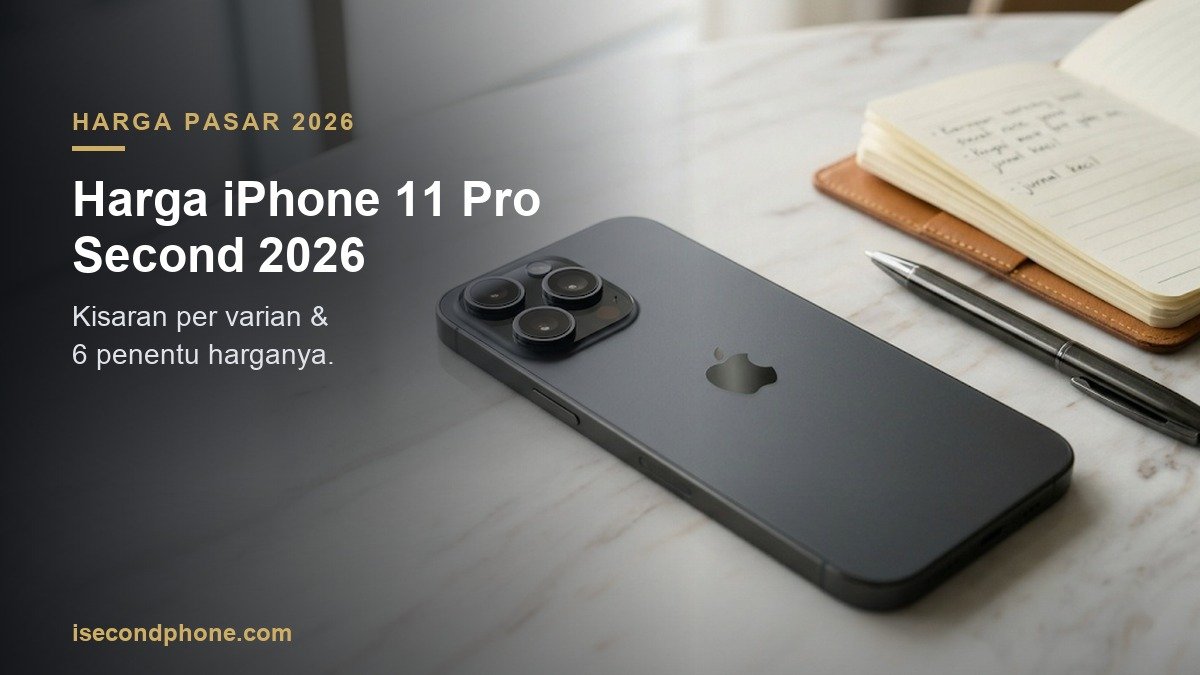 iPhone 11 Pro second telungkup di meja marmer menampilkan modul kamera tiga lensa