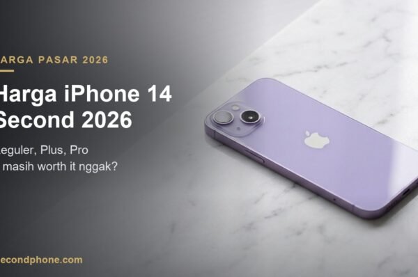 iPhone 14 warna ungu tampak belakang di meja marmer, ilustrasi harga iPhone 14 second 2026