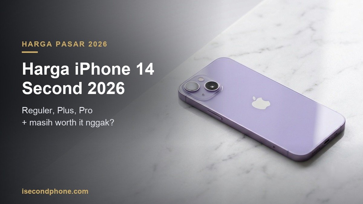 iPhone 14 warna ungu tampak belakang di meja marmer, ilustrasi harga iPhone 14 second 2026