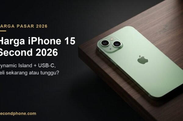 iPhone 15 warna hijau pastel tampak belakang di meja kayu, ilustrasi harga iPhone 15 second 2026