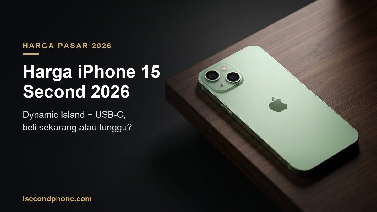 iPhone 15 warna hijau pastel tampak belakang di meja kayu, ilustrasi harga iPhone 15 second 2026