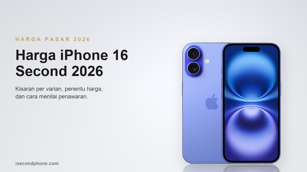 iPhone 16 second warna ultramarine tampak punggung dan layar untuk panduan harga bekas 2026