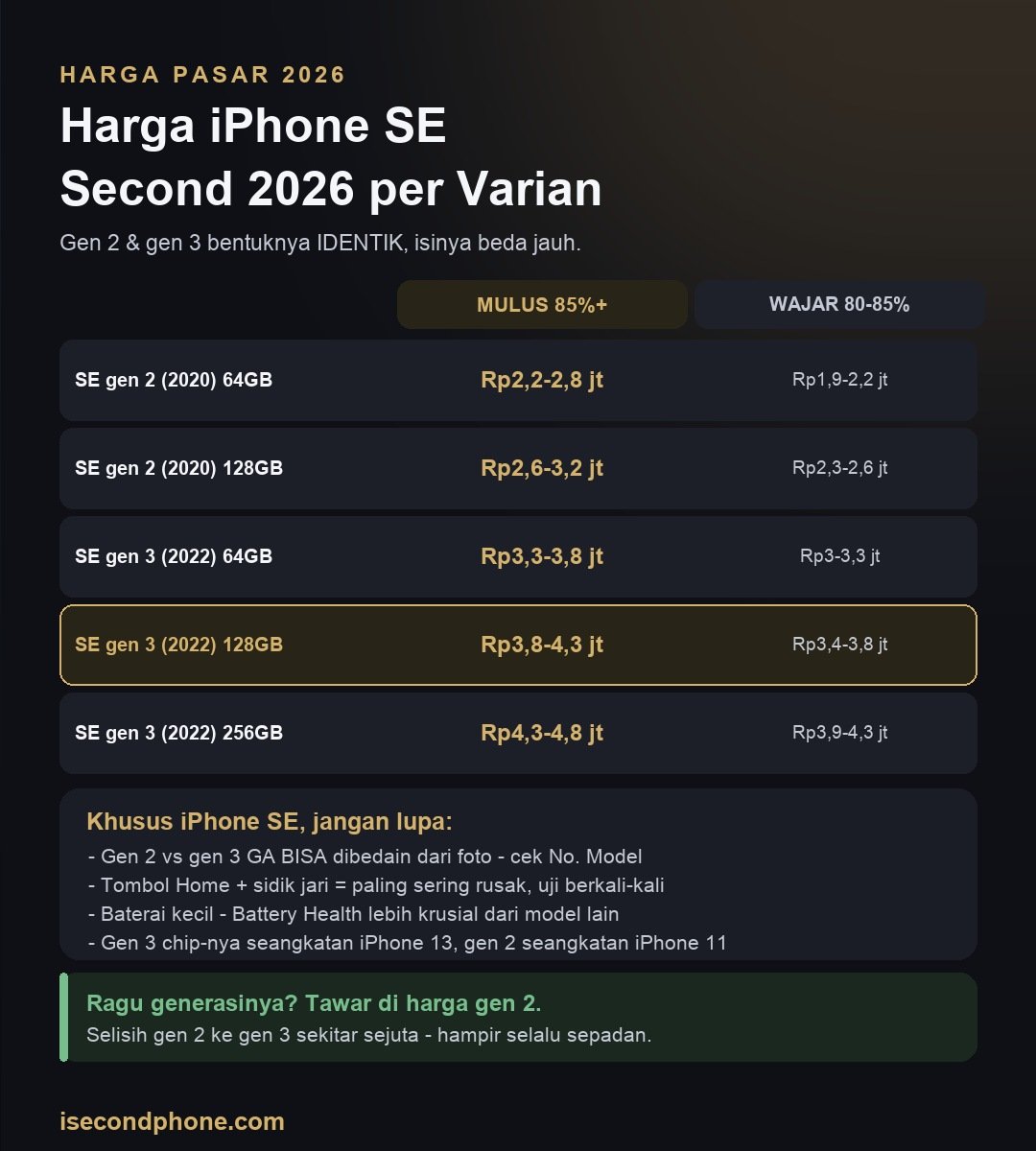 Infografis kisaran harga iPhone SE second 2026 per varian beserta perbedaan generasi kedua dan ketiga