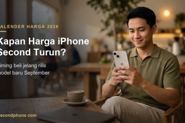 Pria muda di kafe memegang iPhone, memantau waktu terbaik beli iPhone second saat harga turun