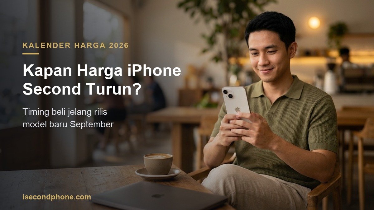 Pria muda di kafe memegang iPhone, memantau waktu terbaik beli iPhone second saat harga turun