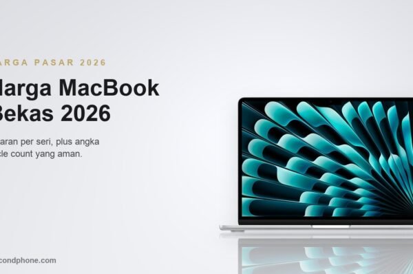 MacBook bekas warna silver terbuka menampilkan layar untuk panduan harga pasaran 2026