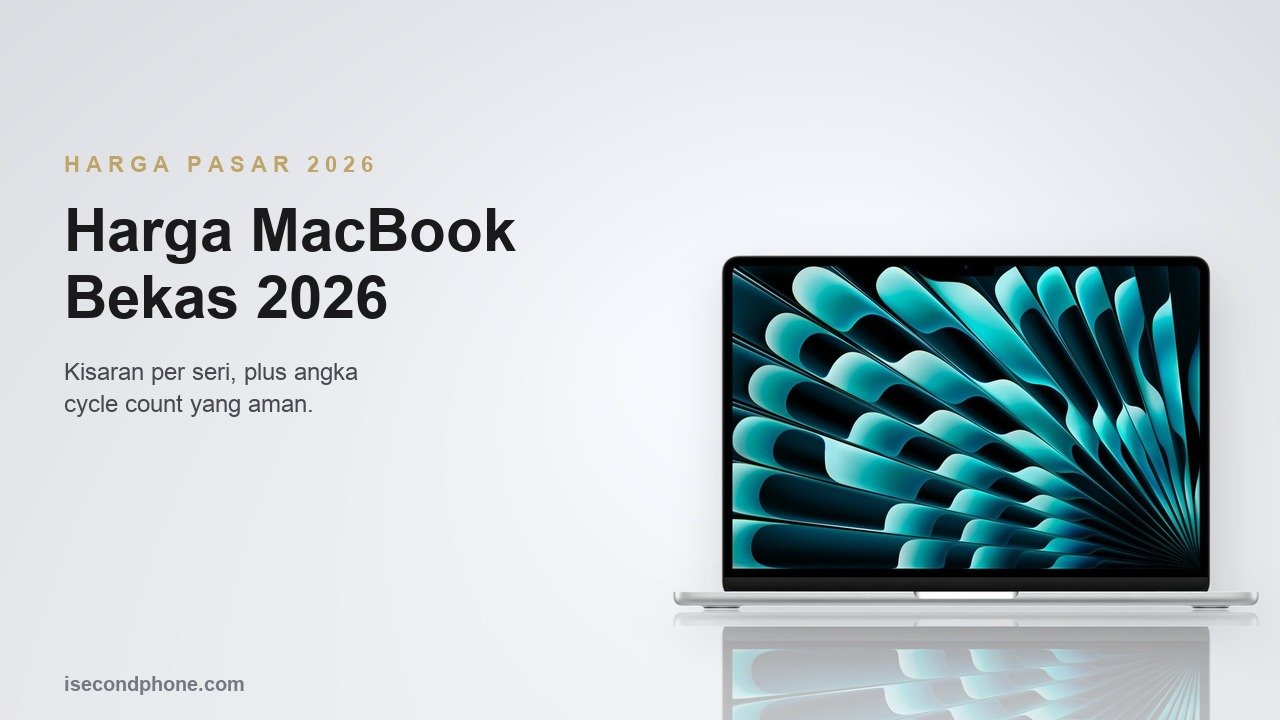 MacBook bekas warna silver terbuka menampilkan layar untuk panduan harga pasaran 2026