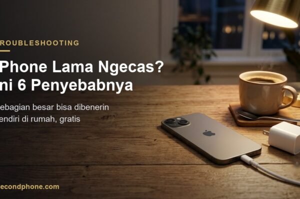 iPhone sedang dicas di meja kayu dengan kabel dan adaptor, ilustrasi iPhone lama ngecas