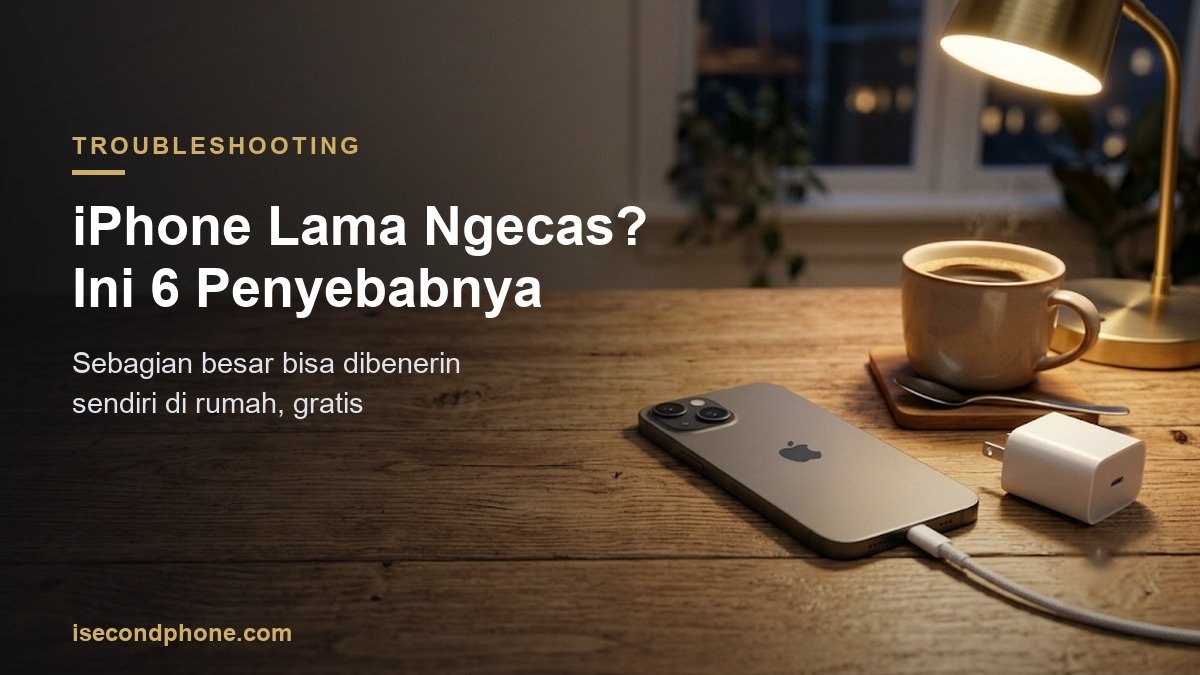 iPhone sedang dicas di meja kayu dengan kabel dan adaptor, ilustrasi iPhone lama ngecas