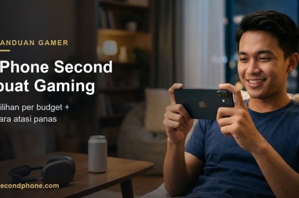 Pria muda main game di iPhone posisi landscape, ilustrasi iPhone second buat gaming
