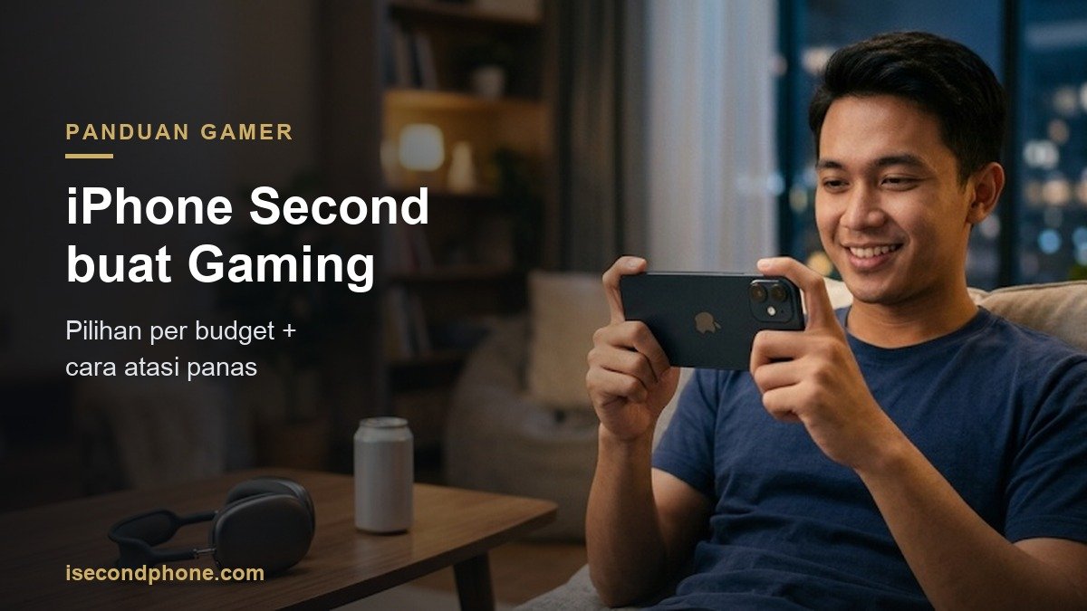 Pria muda main game di iPhone posisi landscape, ilustrasi iPhone second buat gaming