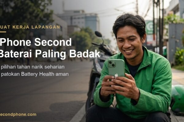 Pengemudi ojek online istirahat memegang iPhone second dengan baterai awet untuk kerja lapangan