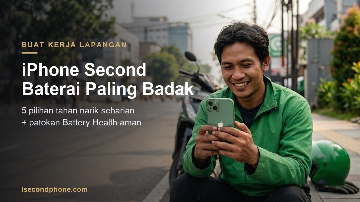 Pengemudi ojek online istirahat memegang iPhone second dengan baterai awet untuk kerja lapangan