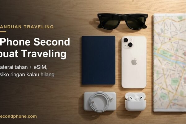 Flat-lay iPhone dan perlengkapan traveling: paspor, kacamata, peta, earbuds, dan power bank