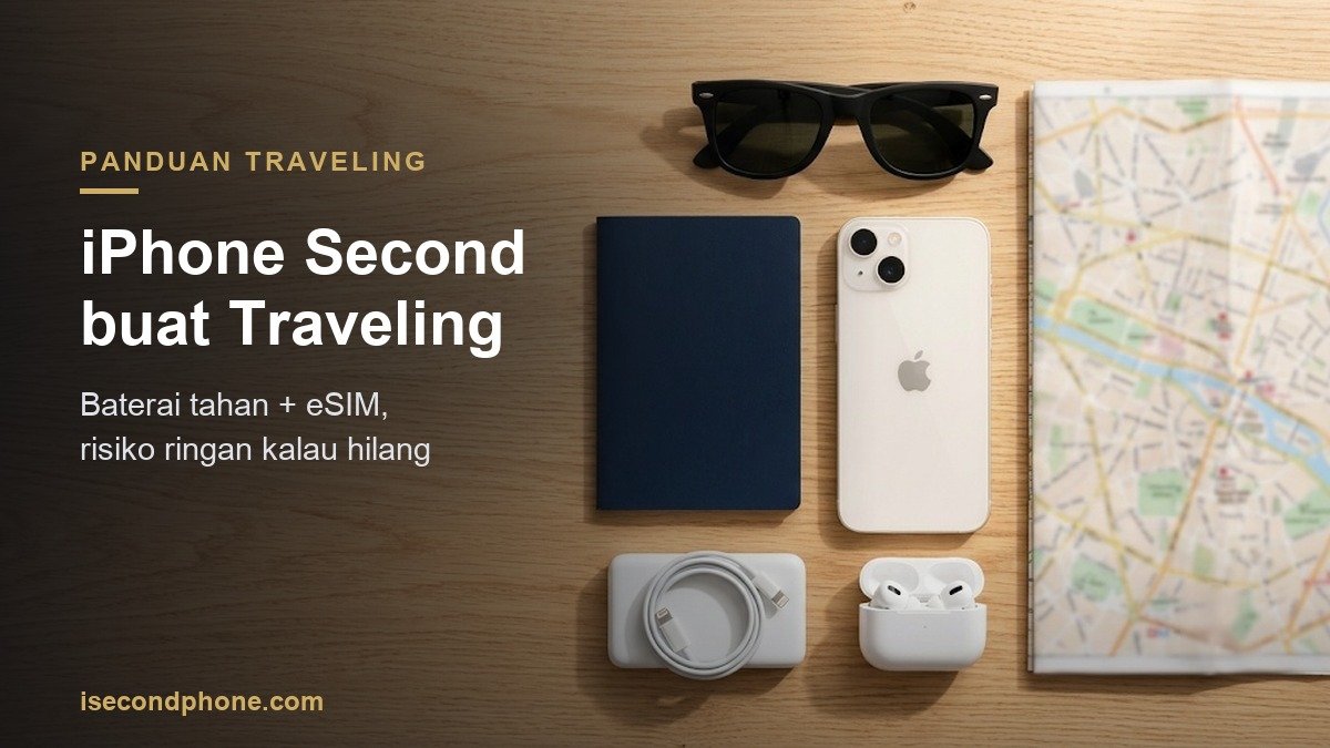 Flat-lay iPhone dan perlengkapan traveling: paspor, kacamata, peta, earbuds, dan power bank