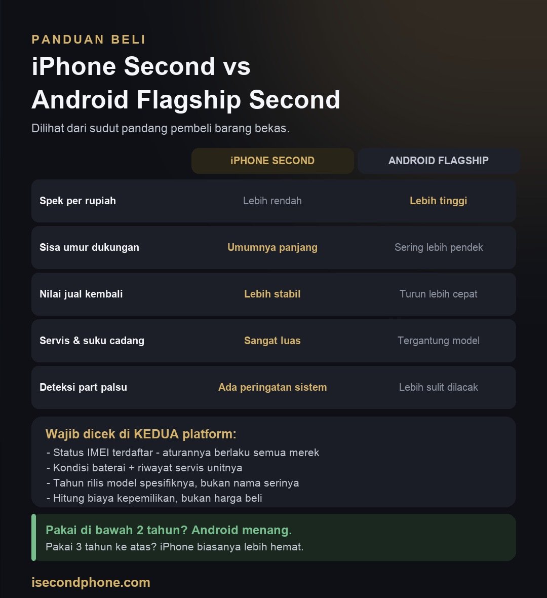 Infografis perbandingan iPhone second dan flagship Android second di budget yang sama