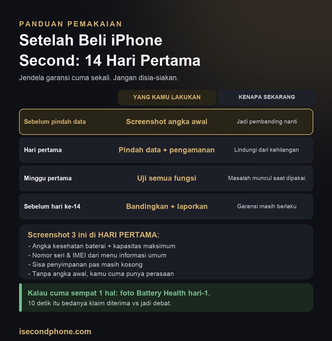 Infografis timeline hal yang wajib dilakukan setelah membeli iPhone second dalam 14 hari pertama
