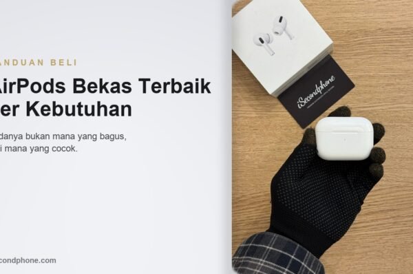 AirPods bekas dalam case putih dipegang tangan untuk panduan memilih sesuai kebutuhan