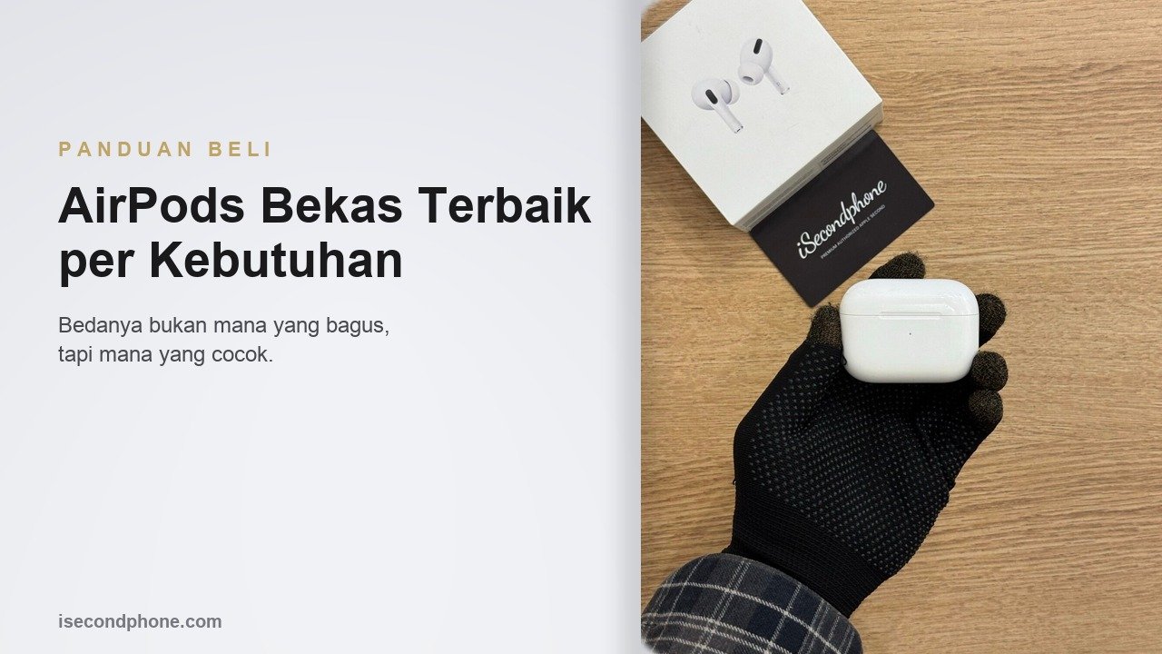 AirPods bekas dalam case putih dipegang tangan untuk panduan memilih sesuai kebutuhan