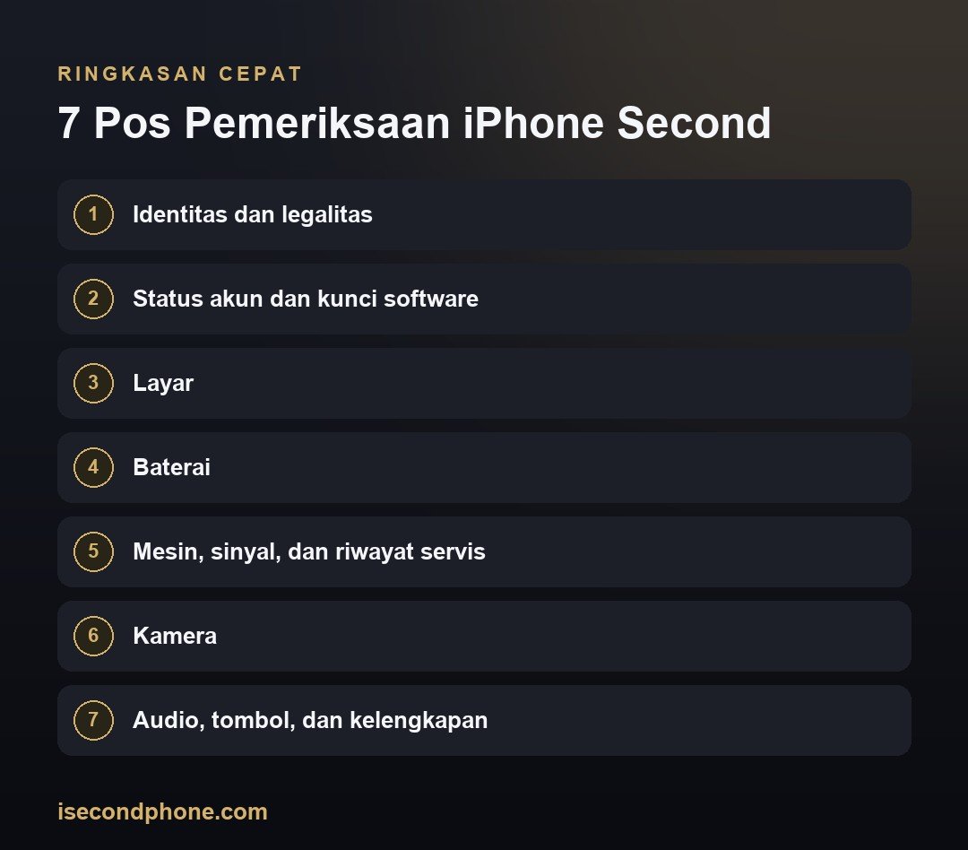 Cara Cek iPhone Second: 7 Pos Pemeriksaan Sebelum Bayar 1 7 Pos Pemeriksaan iPhone Second — ringkasan panduan cara cek iPhone second