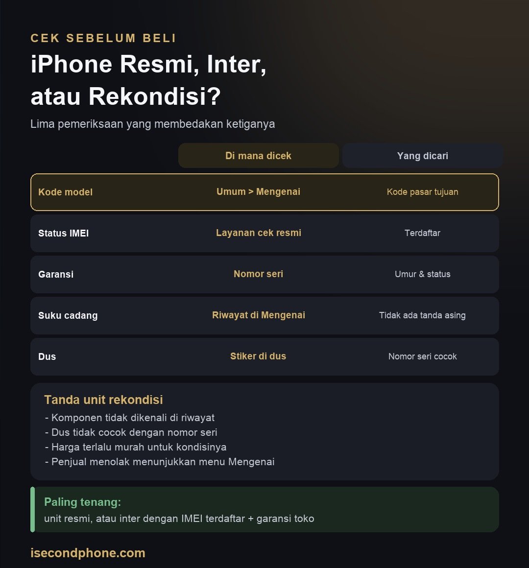 Cara Membedakan iPhone Resmi, Inter, dan Rekondisi: 5 Cek Wajib Sebelum Beli 1 Infografis cara membedakan iPhone resmi, inter, dan rekondisi dari kode model, IMEI, garansi, dan komponen