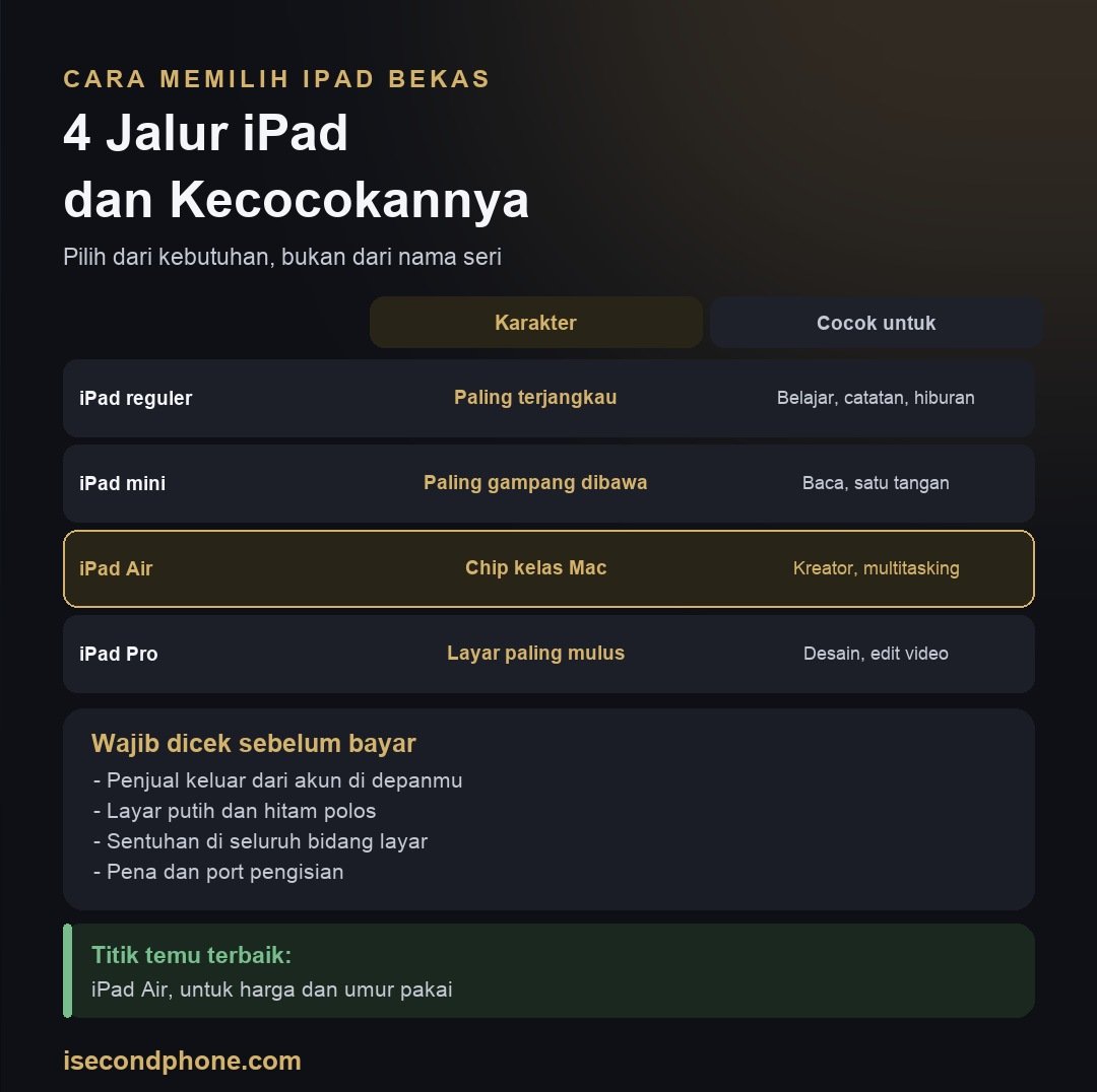 Infografis cara memilih iPad bekas: empat jalur iPad, karakter, dan kecocokannya