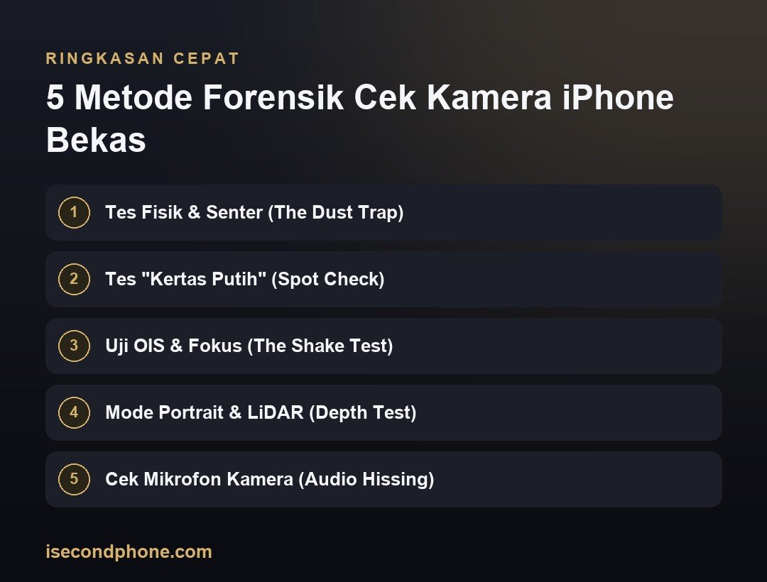 Kamera iPhone Bekas Getar atau Buram? 5 Cara Ceknya Sebelum Beli 1 5 Metode Forensik Cek Kamera iPhone Bekas — ringkasan panduan cek kamera iPhone bekas