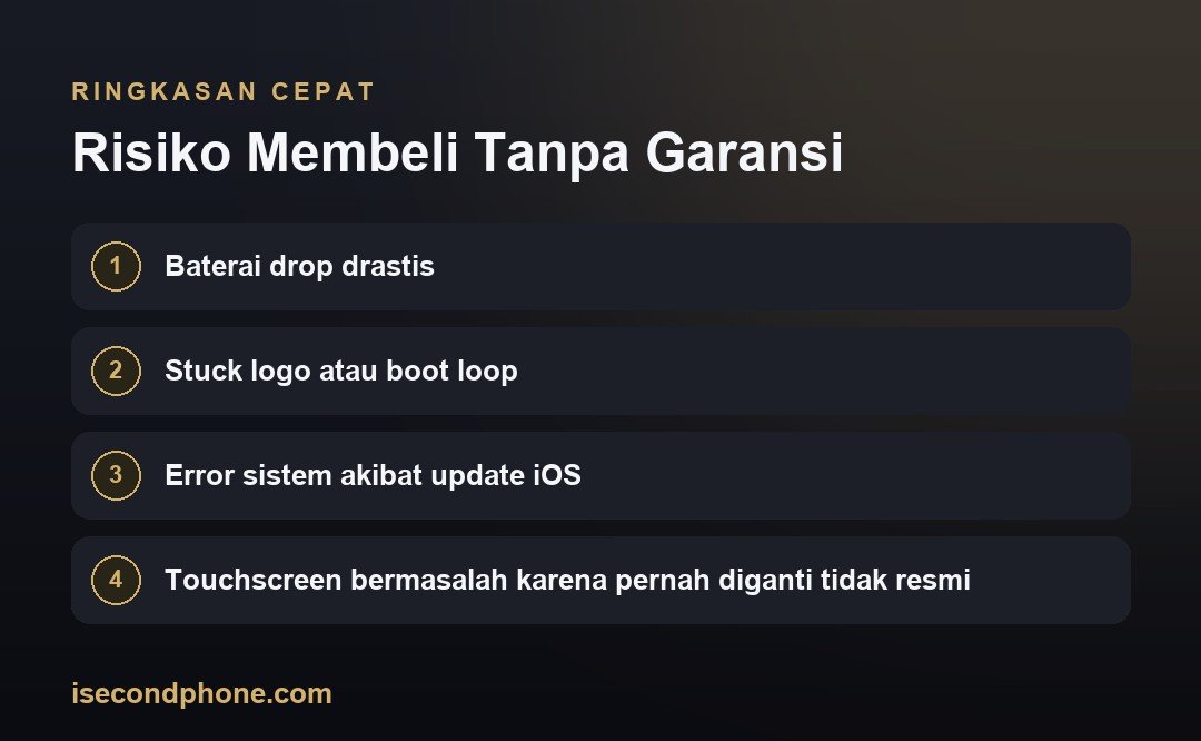 Jangan Asal Beli iPhone Bekas Tanpa Garansi Jelas 1 Risiko Membeli Tanpa Garansi — ringkasan panduan garansi iPhone bekas