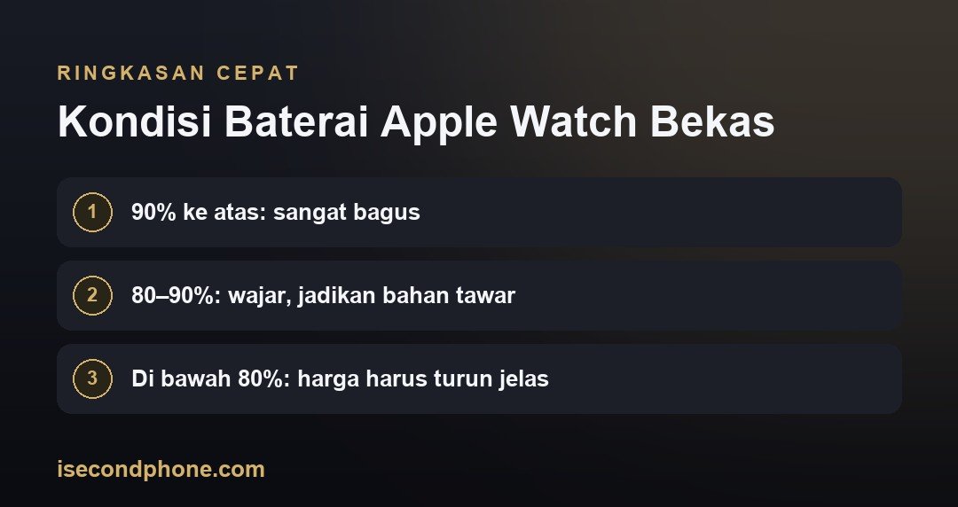 Harga Apple Watch Bekas 2026: Kisaran per Seri & Jebakan Versi Cellular 3 Kondisi Baterai Apple Watch Bekas — ringkasan panduan harga Apple Watch bekas
