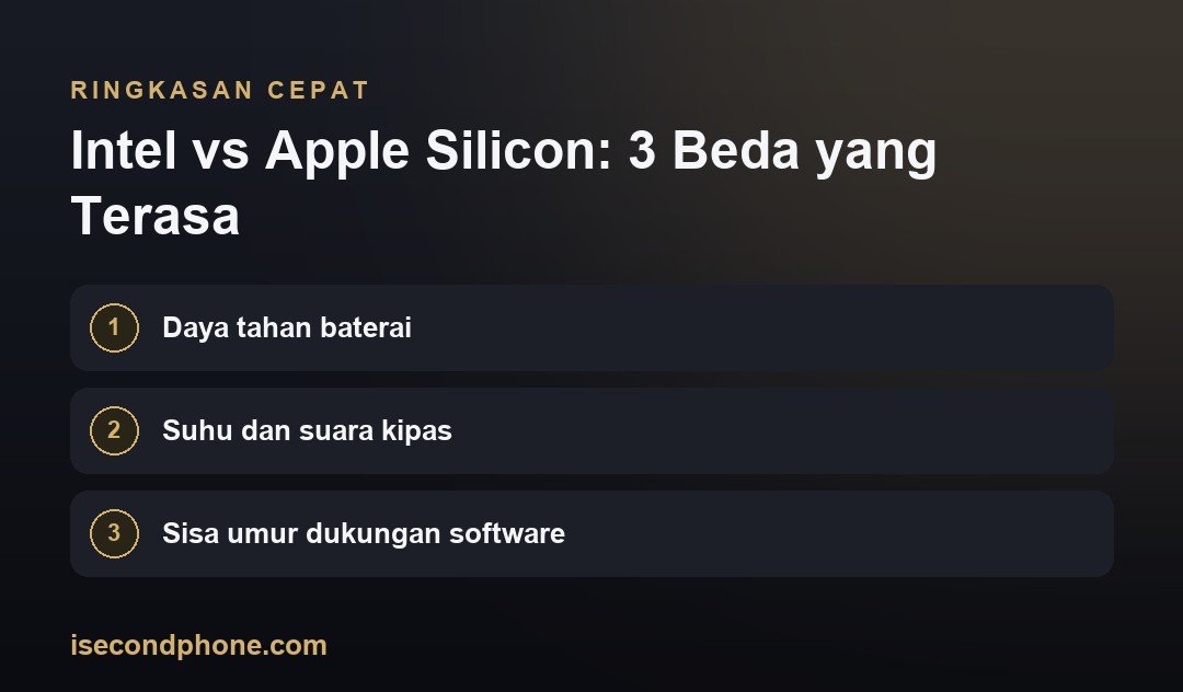 Harga MacBook Bekas 2026: Kisaran per Seri & Cycle Count yang Aman 2 Intel vs Apple Silicon: 3 Beda yang Terasa — ringkasan panduan harga MacBook bekas