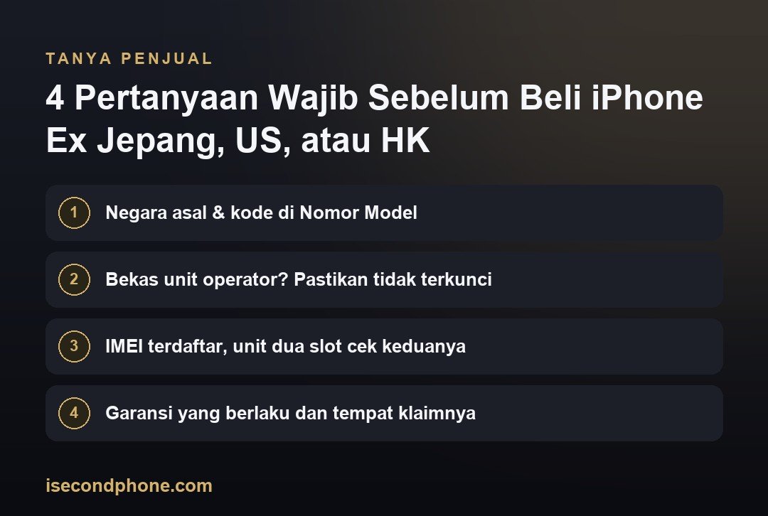 iPhone Ex Jepang, Ex US, dan Ex HK: Beda Tiap Negara Asal yang Wajib Kamu Tahu 3 4 Pertanyaan Wajib Sebelum Beli iPhone Ex Jepang, US, atau HK — ringkasan panduan iPhone ex Jepang