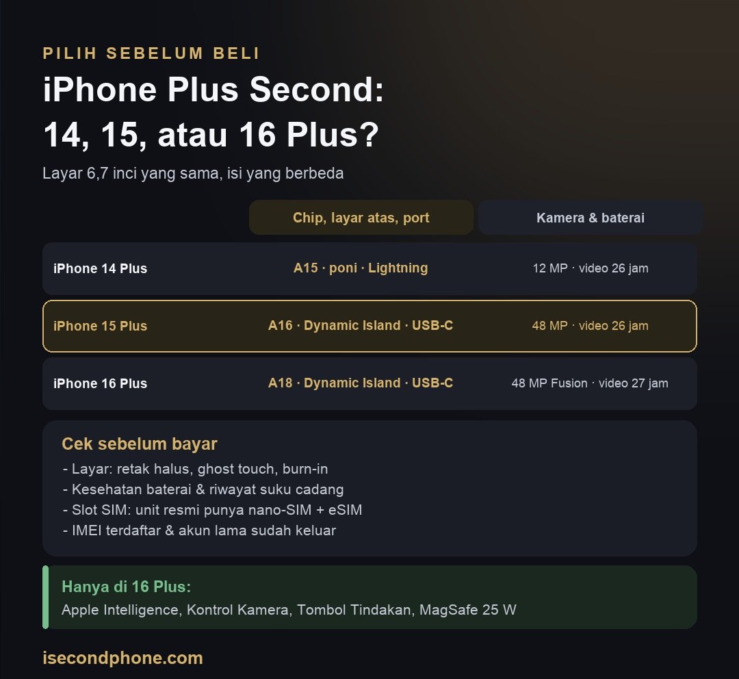 Infografis iPhone Plus second: perbandingan iPhone 14 Plus, 15 Plus, dan 16 Plus