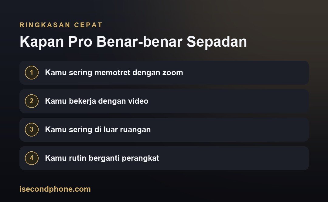 Kapan Pro Benar-benar Sepadan — ringkasan panduan iPhone pro vs non-pro second