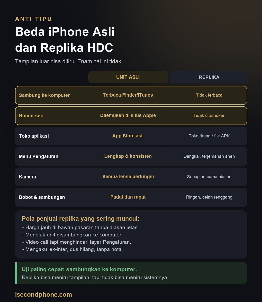 Beda iPhone Asli dan Replika HDC: Cara Ceknya 1 iPhone Replika HDC: Infografis perbedaan iPhone asli dan replika HDC dari enam pemeriksaan yang sulit dipalsukan