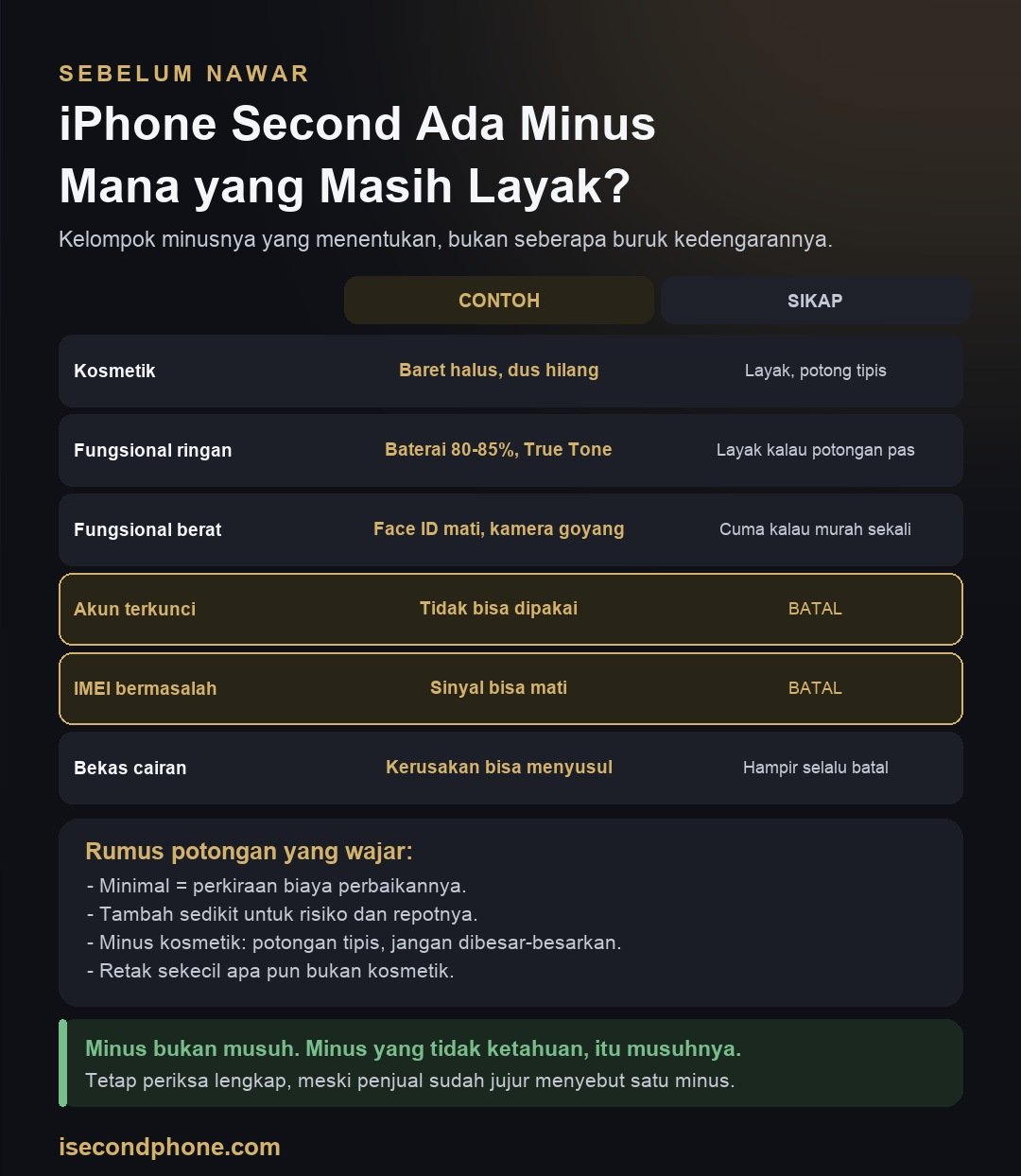 iPhone Second Ada Minus: Mana yang Masih Layak Dibeli? 1 iPhone Second Ada Minus: Infografis empat kelompok minus iPhone second beserta contoh dan sikap yang sebaiknya diambil