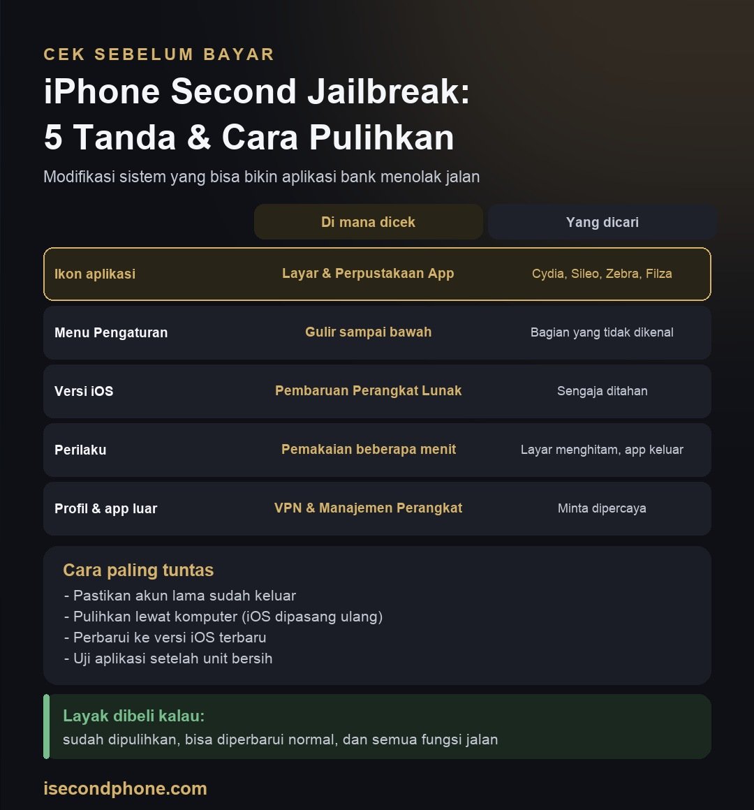 iPhone Second Jailbreak: Cara Tahu, Risikonya, dan Cara Memulihkannya 1 Infografis iPhone second jailbreak: lima tanda yang bisa dicek sendiri dan cara memulihkannya