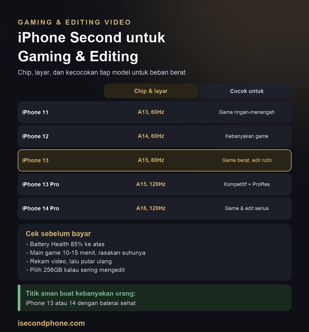 Infografis iPhone second untuk gaming dan editing video: perbandingan chip, layar, dan kecocokan tiap model